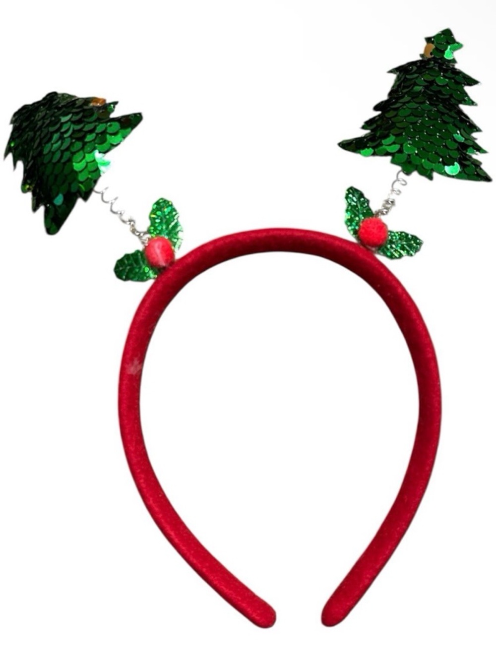 Christmas Tree Bobble Headband Green Sequin Trees Red Velvet Holiday Party